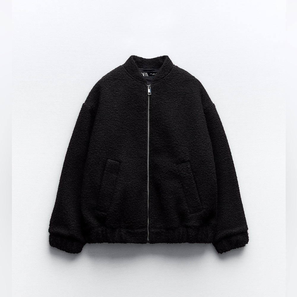 ZARA Boucle Bomber Jacket Black Sz XS
